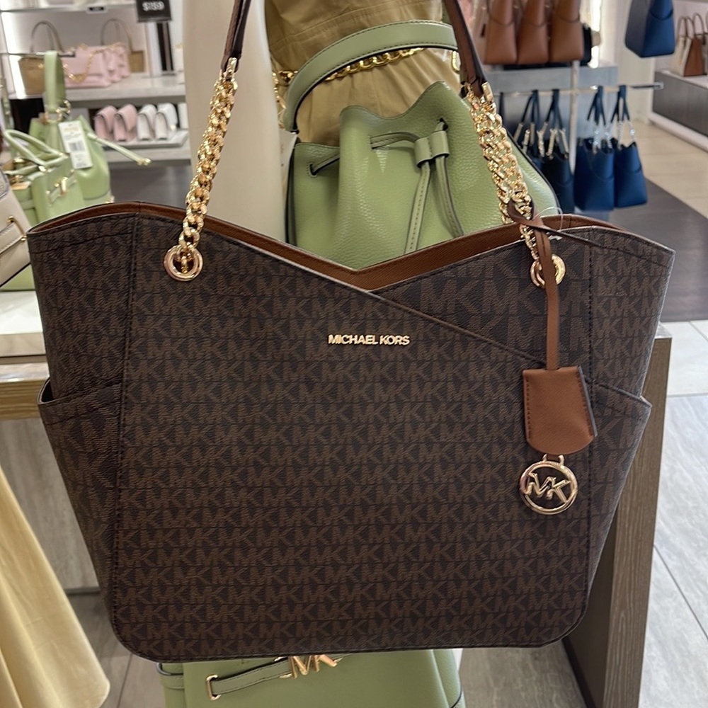 Michael Kors Jet Set Travel Large Chained Tote Shoulder Bag MK Brown 
NWT